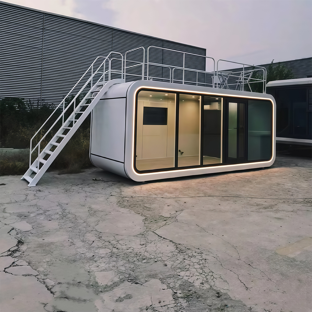 Casas pré-fabricadas em contêineres de aço com design moderno e personalizáveis, além de armazéns tipo cabine da Apple.