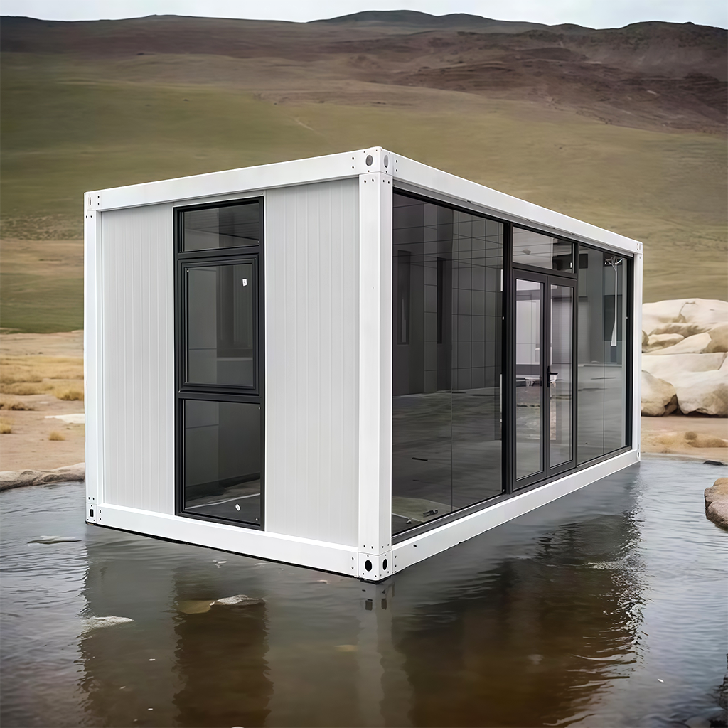 Casa pré-fabricada modular destacável em contêiner com quarto e banheiro.