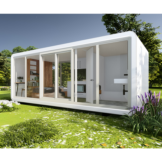 Vilas pré-fabricadas de luxo em aço leve e armazéns de maçãs para uso como hotéis de férias com escritórios.